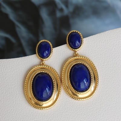 Nieuw ontwerp ingelegd lapis lazuli ovaal holle oorbellen overdreven punkstijl retro antiek goud vakmanschap dames sieraden gray