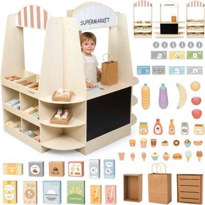 Mamabrum Montessori Houten Supermarkt XXL – 91-delige Speelwinkel met Schoolbord – Educatieve Rollenspel Winkel voor Kinderen 3–6 jaar