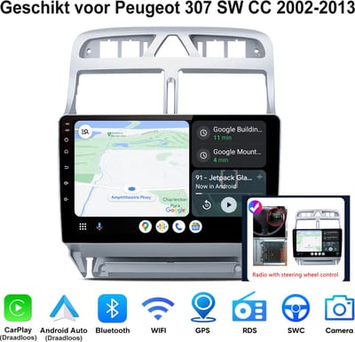 Junsun Android 15 Draadloze CarPlay autoradio Geschikt voor Peugeot 307 CC 2002-2013 - Draadloze Andriod Auto - Bluetooth - GPS-navigatiesysteem - Stuurwielbediening - 9-inch Touchscreen - WiFi - RDS - 2GB+64GB
