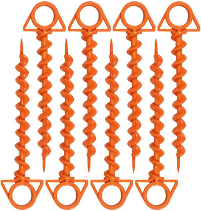 Kunststof tentpinnen, grondpinnen voor zeildoektenten, spiraalvormig, geitenhoornvormige kunststof pinnen - schroefpinnen - oranje, 8 stuks