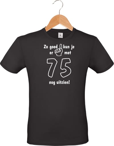 Mijncadeautje - Leeftijd T-shirt - Zo goed kun je er uitzien 75 jaar - Unisex - Zwart (maat L)