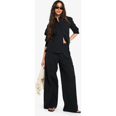 boohoo Dames Linnenlook broek met trekkoord en wijde pijpen | Zwart | Maat: 40