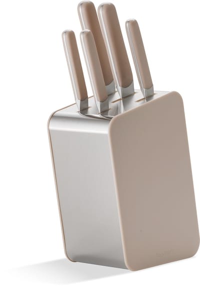 BergHOFF Home Elements Messenblok Set 6-delig – Koksmes, Vleesmes, Santoku, Kartelmes & Schilmes – Complete Messenset met Messenstandaard – Ergonomisch Handvat, Vaatwasbestendig & Roestvrijstale Messen – Sand