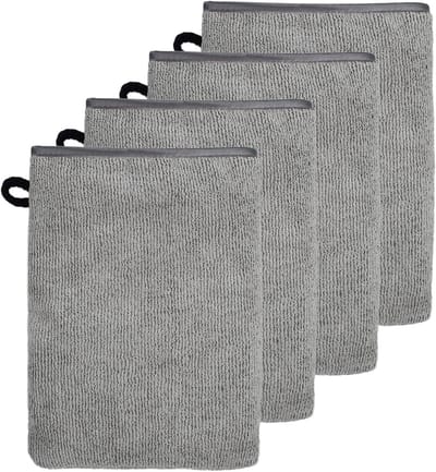 SnelShoppen - Set van 4 Microfiber Washandjes met Trekkoord, Ultra-Absorberend, Voor Volwassenen, 13 x 20 cm, Grijs, Perfect voor Bad en Douche