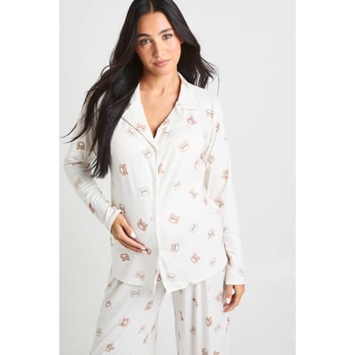boohoo Dames Zwangerschaps-pyjama set met shirt en broek in berenprint | Light Brown | Maat: 36