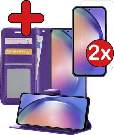 Hoesje - Met 2x Screenprotector - Geschikt voor Samsung Galaxy A54 - Luxe Pasjeshouder - Flip Case - Bookcase Portemonee - Kunstleer Book Case - Flipcase Hoes - Book Cover - Walletcase - Portemonneehoes - Telefoonhoes - Paars