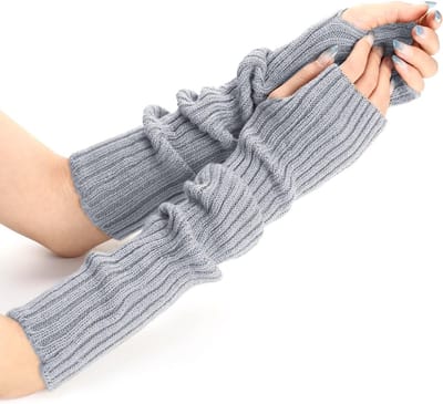 Dames Arm Warmers Gebreide Lange Vingerloze Handschoenen Rekbare Polswarmers met Duimopening voor Wintergebruik, Ideaal voor Binnen en Buiten, Grijs, Één Maat