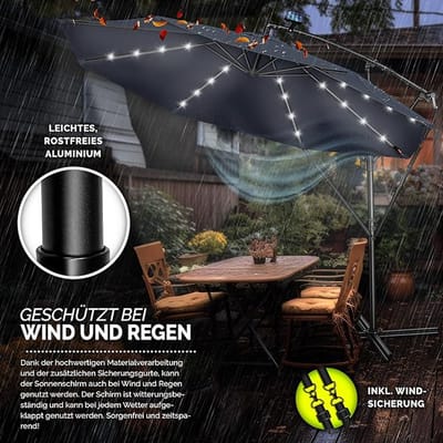 Zweefparasol Ø 300 cm met LED Verlichting & Solar Paneel – Kantelbaar – Aluminium Frame – UV50+ Waterafstotend – Inclusief Parasolvoet – Tuinparasol voor Balkon, Terras & Tuin – Mobili Bella