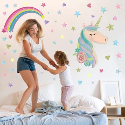 Eenhoorn Muurstickers Kinderkamer Lichtgevende, Regenboog Muurtattoo Decoratieve Fluorescentie Zelfklevend, Sterren Stickers Glow in the Dark, Deco Stickers voor Meisjes/Jongens Slaapkamer Babykamers