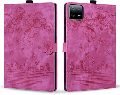 Luxe Bescherm-Cover Etui Hoes Map geschikt voor Xiaomi Pad 7 - Pad 7 PRO - Pad 8 - Pad 8 Pro - Bloemen en Kat - Roze