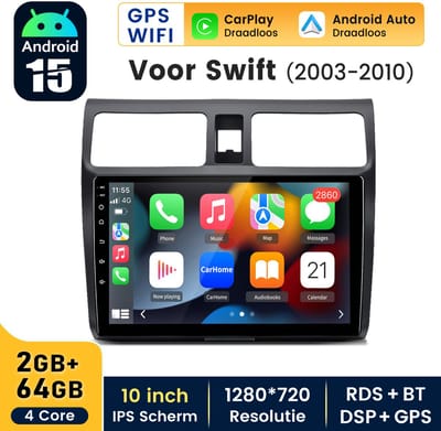 HexinexMarket - 10.1" Autoradio Geschikt voor Voor Swift (2003- 2010) - Draadloos CarPlay Android Auto GPS Navi multimediaspeler - 2GB+64GB