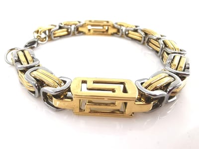 RVS - Koningsschakel - armband - Bicolor kleur - L 22 cm - Br 8 mm - langwerpig met vierkante - Grieks - schakels en motief.