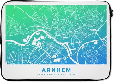 Laptophoes 13 inch - Stadskaart - Arnhem - Blauw - Laptop sleeve - Binnenmaat 32x22,5 cm - Zwarte achterkant