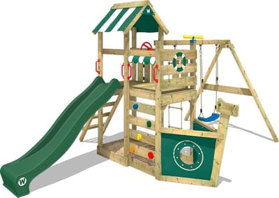 Wickey SeaFlyer Speeltoestel - Schommel en Touwladder met Glijbaan - Klimwand & Zandbak - 367x451x260 cm - Groen