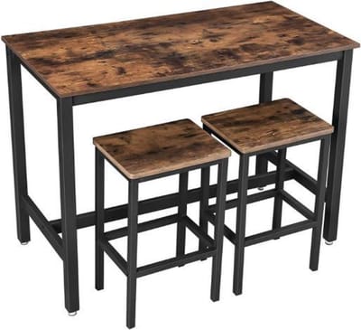 MIRA Home - Bartafel met barstoelen - Barkrukken set van 2 - Barkrukken industrieel - Hout - Zwart/bruin - 120x60x90