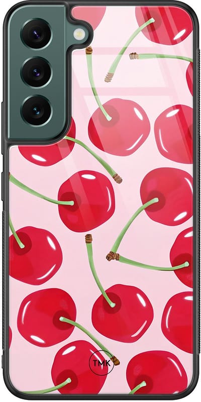 Hoesje geschikt voor Samsung Galaxy S22 - Sweet cherry - Roze - TPU luxe case (glossy toplaag) - Print - Hardcase backcover zwart