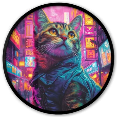 Poster in lijst Rond - Fotolijst 40x40 cm - Posters - Kat - Pop art - China - Neon - Stad - Ronde posterlijst zwart - Decoratie - Wanddecoratie woonkamer - Muurdecoratie slaapkamer