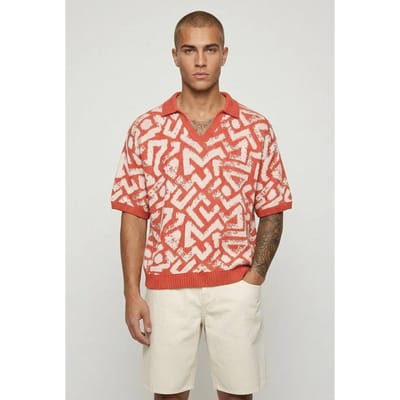 Oversized Boxy Abstract Jacquard Knitted Polo T-Shirt | Orange | Size Small