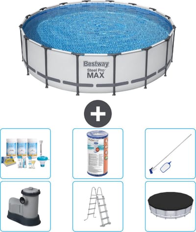 Bestway Rond Steel Pro MAX Zwembad - 488 x 122 cm - Grijs - Inclusief Pomp - Ladder - Afdekzeil Onderhoudspakket - Filter - Schoonmaakset