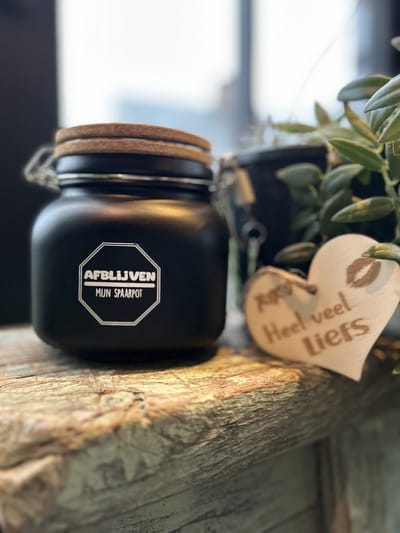 Creaties van Hier - Luxe Spaarpot met houten hartje - Afblijven - Glas