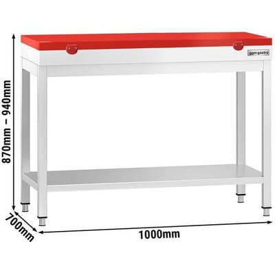 GGM Gastro Edelstahl Arbeitstisch PREMIUM - 1000x700mm - mit Grundboden - inkl. Schneideplatte Rot
