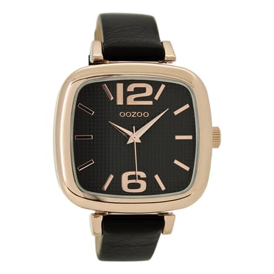 OOZOO Timepieces - Rosé goudkleurige horloge met zwarte leren band - C9184