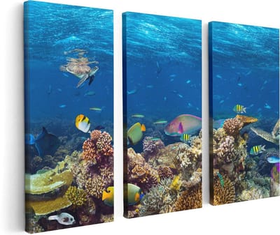 Artaza Canvas Schilderij Drieluik Vissen met Koraalrif in de Oceaan - 120x80 - Foto Op Canvas - Canvas Print