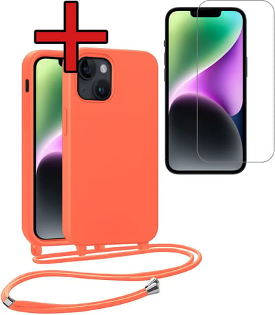 Hoesje Geschikt voor iPhone 13 Mini Hoesje Siliconen Case Met Koord Met Screenprotector - Hoes Geschikt voor iPhone 13 Mini Hoesje Backcover Met Telefoonkoord - Papaya