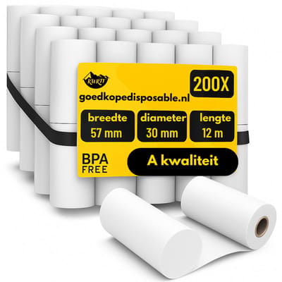 KURTT - 200 rollen! ( 50 x 10 ) Premium Thermo-kassarollen, 57 mm x 30 mm x 12 mm - wit - voor epos-kwitanties of creditcard - kassabonrollen - kassa rollen pinrollen -thermopapier - bpa vrij - thermoprinter - kassabon
