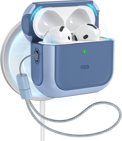 Duurzame en beschermende AirPods 4 Hoes met USB-C en MagSafe, Orbit Hybrid Series, Blauw, met Lanyard en Magnetische Sluiting