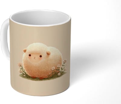Mok - Koffiemok - Schaap - Beige - Bloemen - Mokken - 350 ML - Beker - Koffiemokken - Theemok