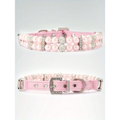 Collier pour animal de compagnie en fausses perles M rose