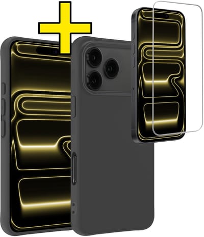 Hoesje - Met Screenprotector - Geschikt voor Apple iPhone 17 Pro - Sterk & Shockproof - Back Cover - Siliconen Case - Telefoon Hoes - Telefoonhoesjes - Zwart
