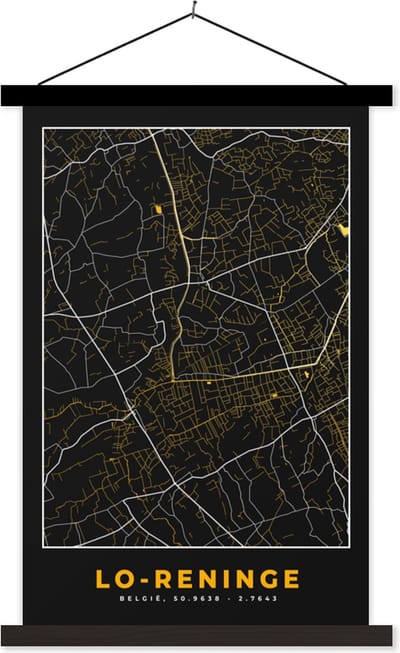 Posterhanger incl. Poster 40x60 cm - Schoolplaat - Kaart - Lo-Reninge - Zwart - Stadskaart - Plattegrond - Textielposter - Zwarte latten - Stadskaart