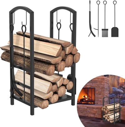 Haardhoutrek met gereedschap - Houtopslag standaard - Haardhout opslag - Inclusief 4 gereedschappen - 745 x 40 x 38 cm