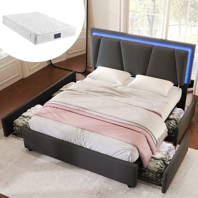 Gestoffeerd bed met ledverlichting en 4 lades, in hoogte verstelbaar hoofdeinde, tweepersoonsbed 140x200cm, bedframe met opbergruimte, lattenbodem, grijs (inclusief matras)