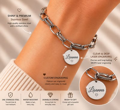 Engravia by Derya – Luxe Gepersonaliseerde Armband met 1 Hanger – 316L Roestvrij Staal – Naamgravure & Elegante Schakelstijl – Cadeau voor Moeder, Partner of Vriendin