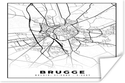 Poster Plattegrond – Brugge – Zwart Wit – Stadskaart - Kaart - België - 180x120 cm XXL
