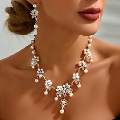 3 stuks trendy dames parel bloem ketting met oorbellen, sieradenset, bruiloft banket feest, vakantiecadeau brown