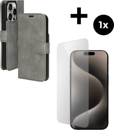 Mobiparts Classic Wallet hoesje geschikt voor Apple iPhone 15 Pro met 1 Screenprotector van Gehard Glas - Grijs