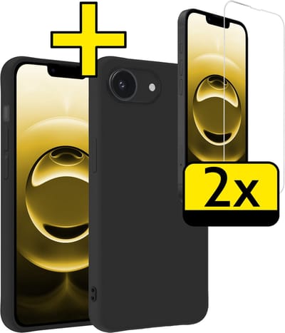 Hoesje - Met 2x Screenprotector - Geschikt voor Apple iPhone 16e - Sterk & Shockproof - Back Cover - Siliconen Case - Telefoon Hoes - Telefoonhoesjes - Zwart