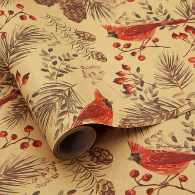 Forest Cardinal Birds Woodland Berries Pine Cone Kraft Bruin Kerst Inpakpapier-1 Mini Roll 43x300cm Xmas Papier voor Winterzonnewende, Kerstmis, Bruiloften, Verjaardag, Feesten, Vogelliefhebber
