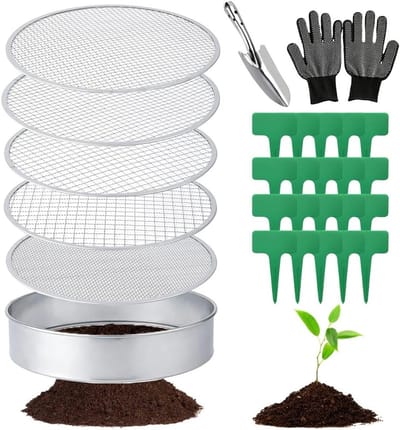 Ronde Tuinsieve, 5-in-1 RVS Tuinsieve met 5 Verwisselbare Zeefinzetten, Compostzeef, Tuingereedschap en Plantlabels voor Efficiënt Tuinieren