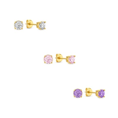 New Bling 9SIL-SET0040 Zilveren Zirkonia Oorknoppen Set 4mm Wit Blauw Roze Earparty - Zilver - Verguld/Goud op Zilver