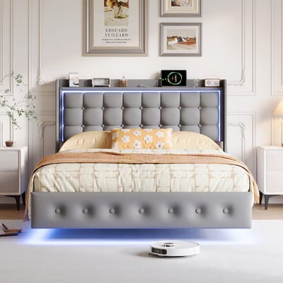 Tweepersoonsbed - 160x200cm - LED-verlichting, USB-poort, Type-C-poort - Tienerbed - Verborgen voetbord - Lattenbodem - Fluweel - Grijs (zonder matras )