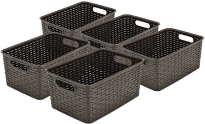 Opbergmand 6L Set van 5 – Kunststof Opbergbox Mandjes Riet Look - Opbergmand Kinderkamer – Opbergmand Speelgoed – Keukenkast , Kledingkast en Kast Organizer - 29x20x13 cm