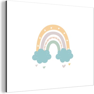 Wanddecoratie Metaal - Aluminium Schilderij Industrieel - Regenboog - Hartjes - Wolken - Stippen - Pastel - Kinderen - 80x60 cm - Dibond - Foto op aluminium - Industriële muurdecoratie - Voor de woonkamer/slaapkamer