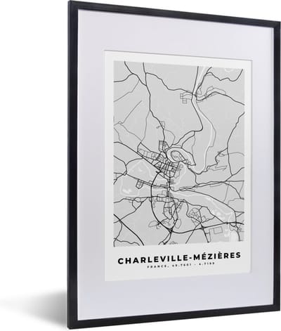 Fotolijst incl. Poster - Stadskaart – Frankrijk – Kaart – Charleville-Mézières – Plattegrond - 30x40 cm - Posterlijst