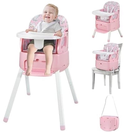 4-in-1 babystoel, converteerbare kinderstoel voor baby's en peuters, boosterstoel, draagbare kinderstoelverhoger voor binnen/buitengebruik, peuterstoel met veiligheidsharnas, afneembare lade - roze