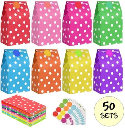 50x Gekleurde Uitdeelzakjes Stippen met Stickers - 13x8x24cm - Stevig Papier - Traktatie Zakjes - Papieren Zakjes - Cadeau Zakjes - Met Blokbodem - Sluitstickers - Mix - 50 Stuks